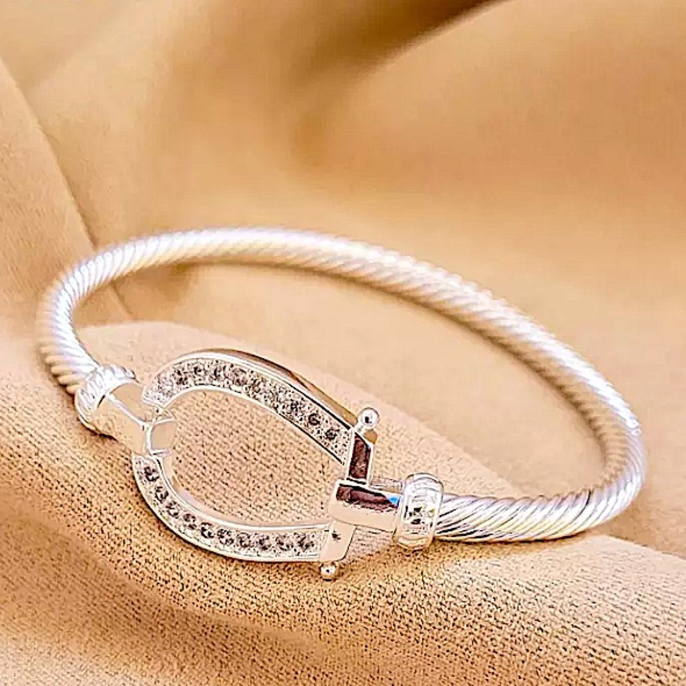 Sterling Silver Horseshoe Design Zircon Twisted Bangle Bracelet - Picture 9 of 13